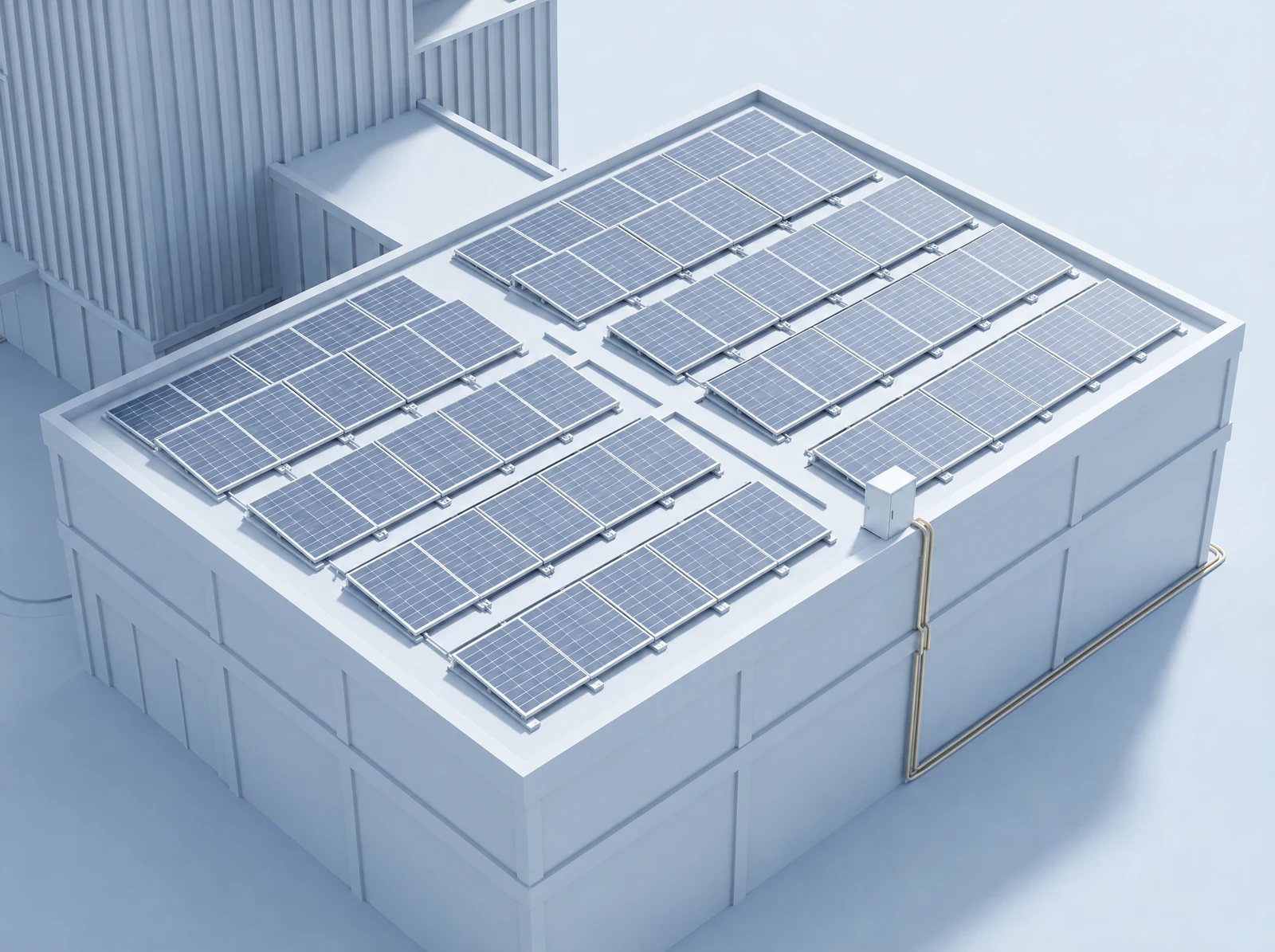 Architectural concept of a rooftop solar array with module grids, mounting racks, and a clear equipment service area.