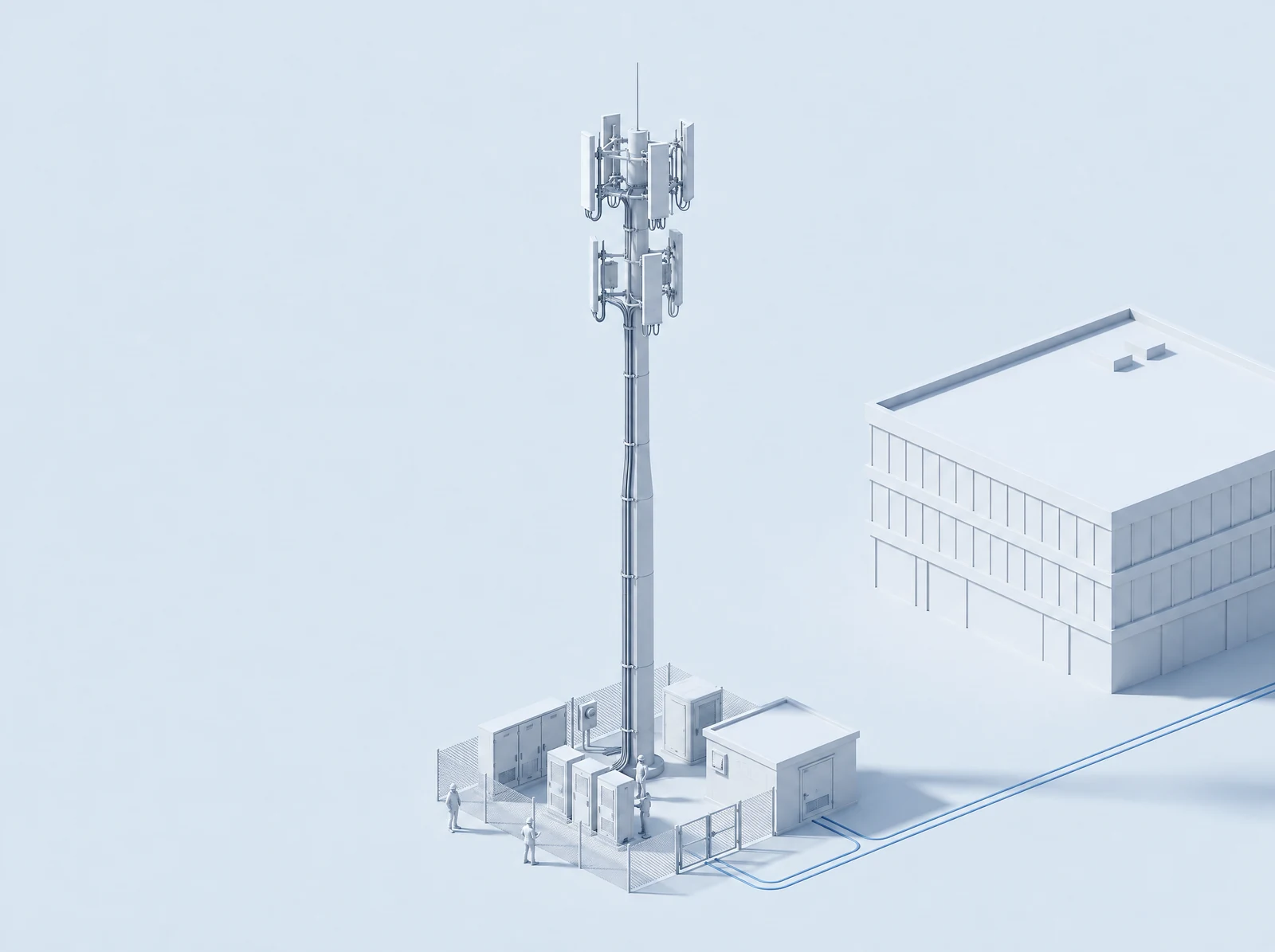 Architectural concept of a wireless monopole with antenna arrays, equipment cabinets, and a blue service route beside a campus building.