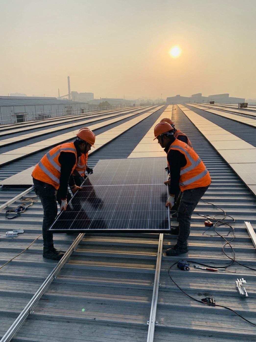 Installers in hi-vis racking photovoltaic panels across a commercial rooftop array